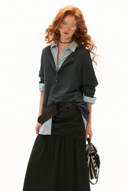 MAMC - Gray Textured Sheer Henley Long Sleeve Top