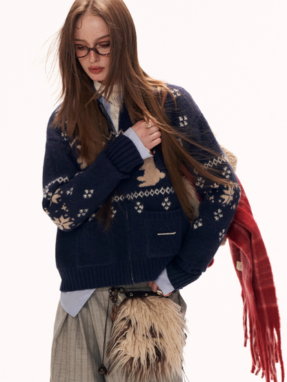 MAMC - Cozy Snowflake Bunny Knit Cardigan – Blue WE873