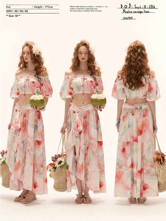 "Watercolor Fruit Mood" Off-Shoulder Top & Ruffle Skirt Set WE945
