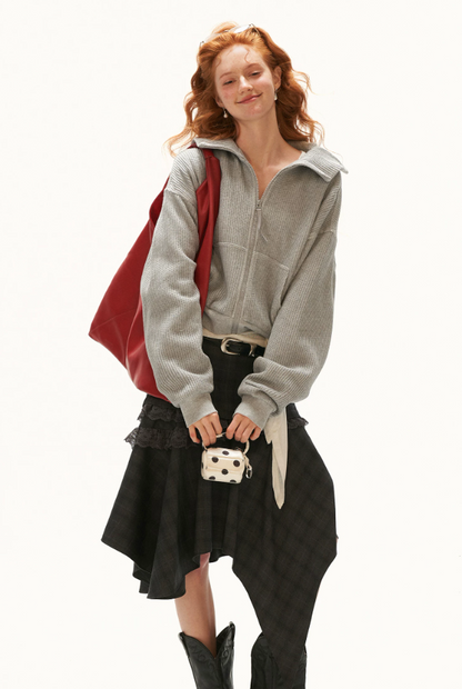 MAMC - Gray Textured Knit Cropped Jacket with Adjustable Snap Collar