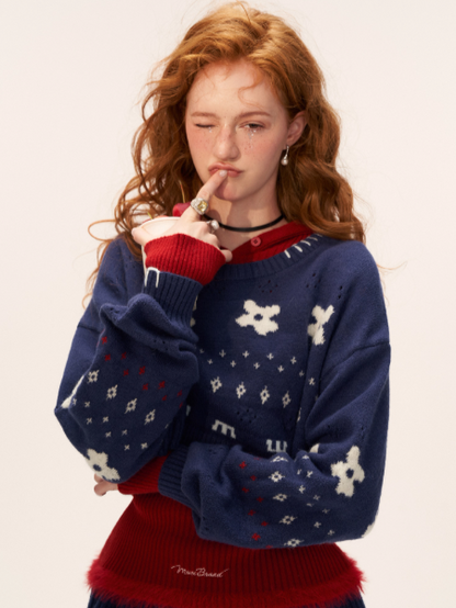 Star & Floral Knit Crop Sweater + Skort Set WE770 (Midnight Navy)