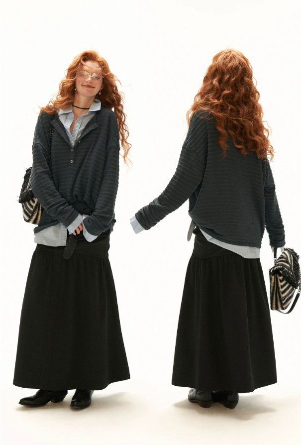MAMC - Gray Textured Sheer Henley Long Sleeve Top