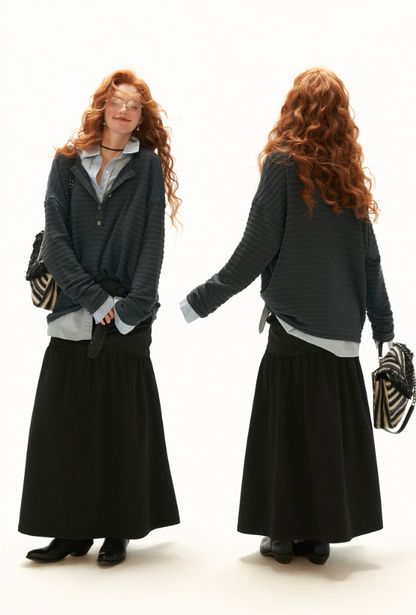 MAMC - Gray Textured Sheer Henley Long Sleeve Top