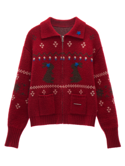 MAMC - Cozy Snowflake Bunny Knit Cardigan – Red WE873