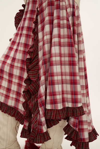 MAMC - Asymmetrical Plaid Maxi Skirt with Ruffle Hem (Red)
