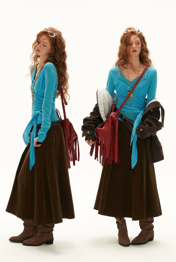 MAMC - Cloud Knit Wrap Top with Crossover Ties and Metal Claw Detail (Blue / White)