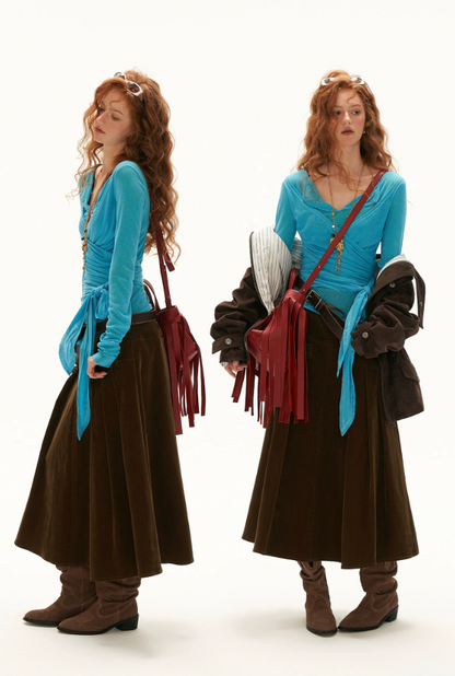 MAMC - Cloud Knit Wrap Top with Crossover Ties and Metal Claw Detail (Blue / White)