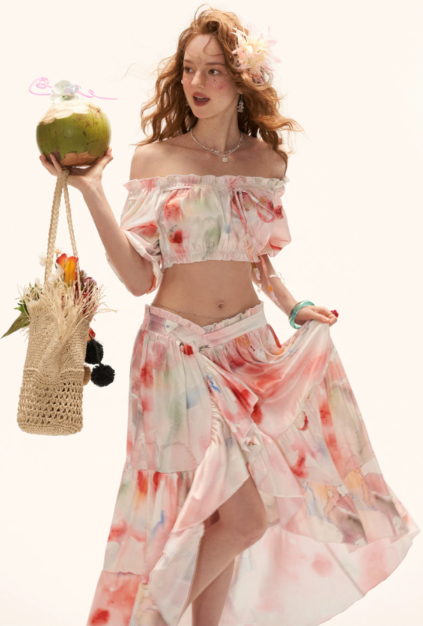 MAMC - "Watercolor Fruit Mood" Off-Shoulder Top & Ruffle Skirt Set WE945
