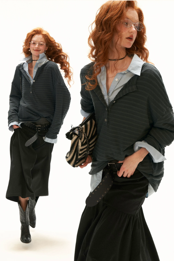 MAMC - Gray Textured Sheer Henley Long Sleeve Top