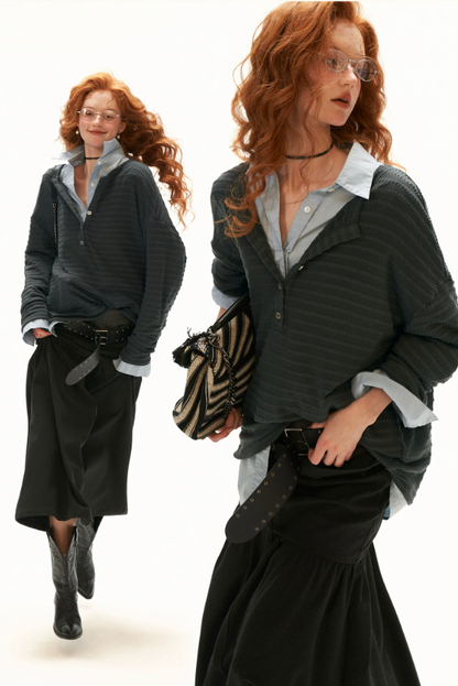 MAMC - Gray Textured Sheer Henley Long Sleeve Top