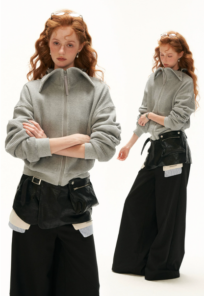 MAMC - Gray Textured Knit Cropped Jacket with Adjustable Snap Collar