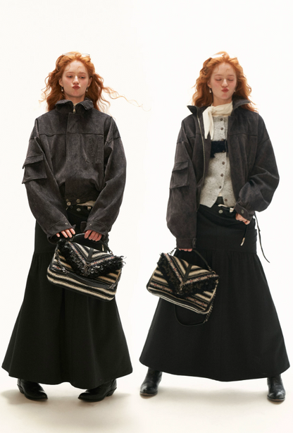 MAMC - Gray Faux-Horsehair Textured Cropped Jacket with Metal Snap Collar