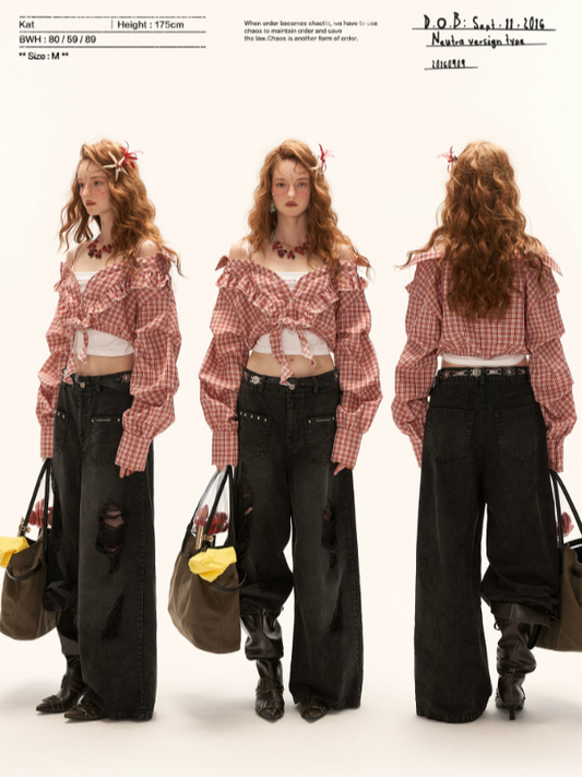 "Retro Rouge Mood" Plaid Tie Front Off-Shoulder Top WE950