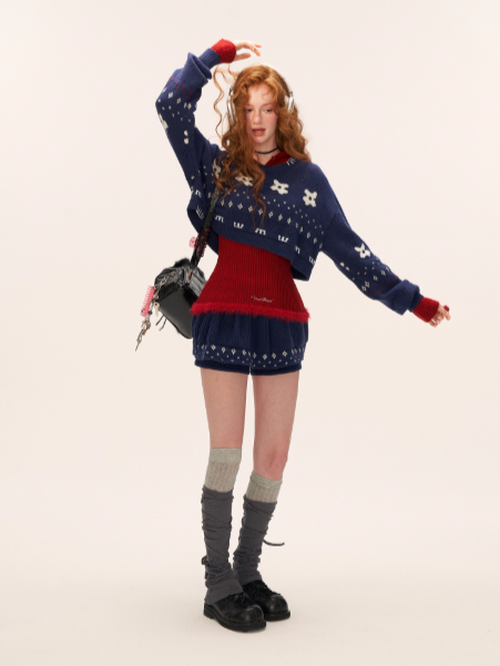 Star & Floral Knit Crop Sweater + Skort Set WE770 (Midnight Navy)