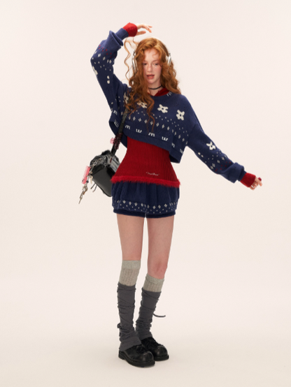 Star & Floral Knit Crop Sweater + Skort Set WE770 (Midnight Navy)