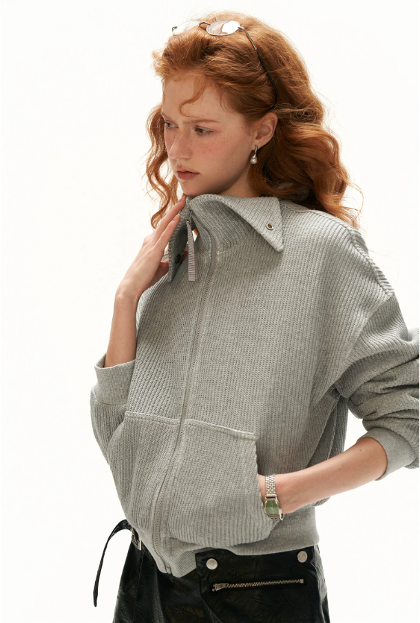 MAMC - Gray Textured Knit Cropped Jacket with Adjustable Snap Collar