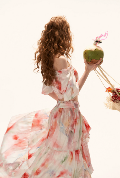 MAMC - "Watercolor Fruit Mood" Off-Shoulder Top & Ruffle Skirt Set WE945