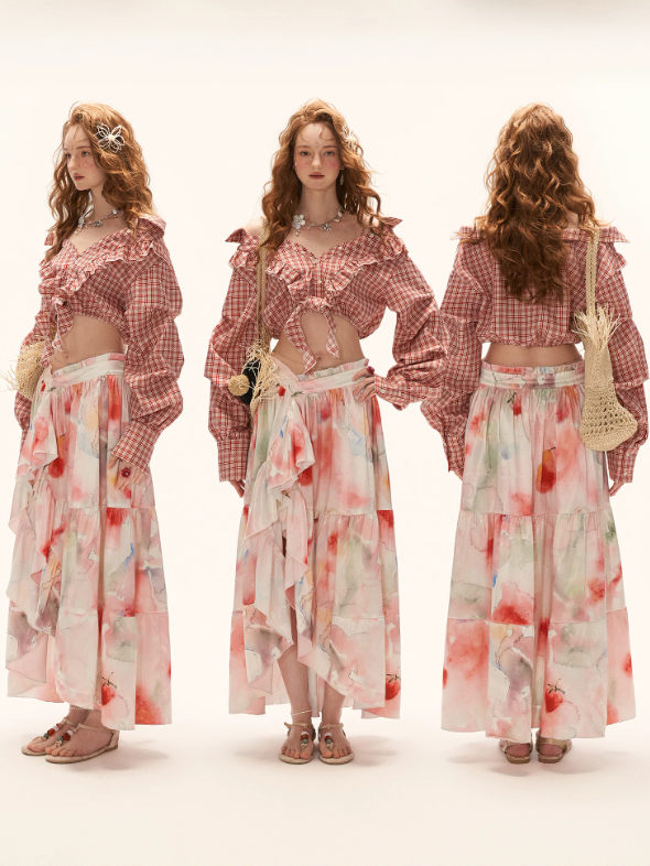 "Retro Rouge Mood" Plaid Tie Front Off-Shoulder Top WE950