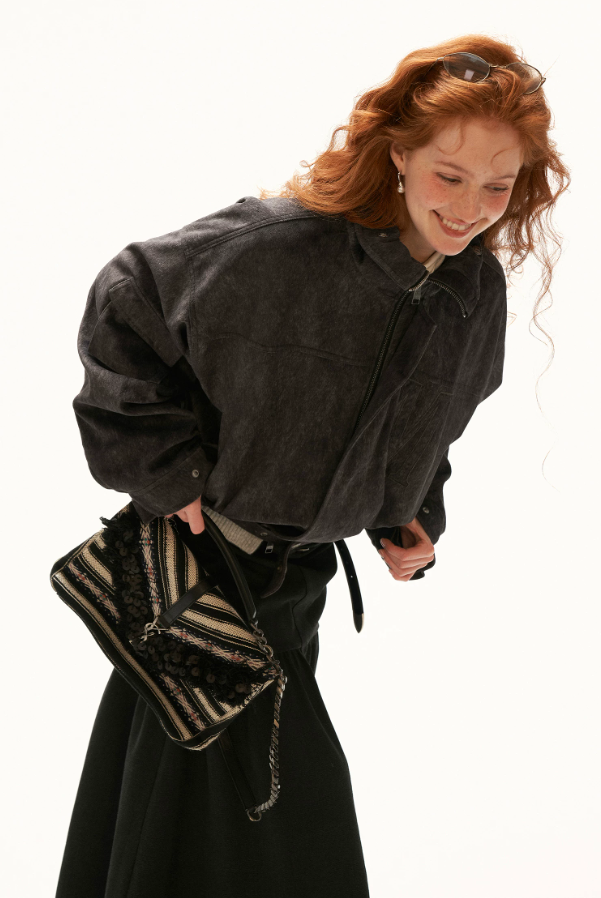 MAMC - Gray Faux-Horsehair Textured Cropped Jacket with Metal Snap Collar