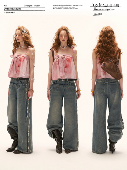 "Vintage Luxe Mood" Studded Distressed Straight-Leg Jeans WE1001