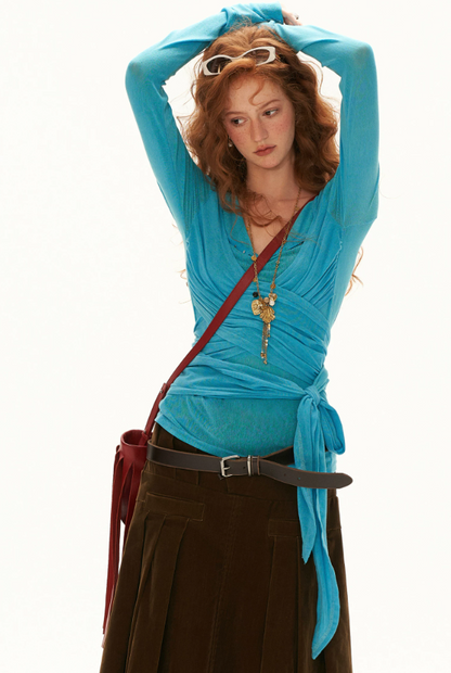 MAMC - Cloud Knit Wrap Top with Crossover Ties and Metal Claw Detail (Blue / White)