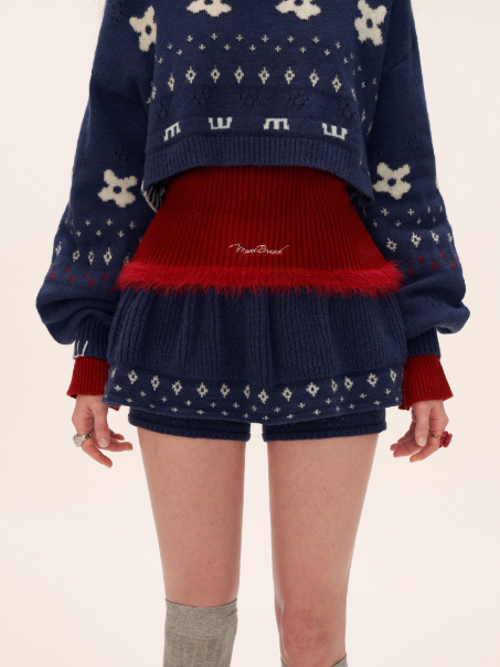Star & Floral Knit Crop Sweater + Skort Set WE770 (Midnight Navy)