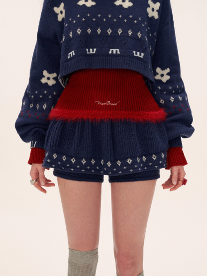 Star & Floral Knit Crop Sweater + Skort Set WE770 (Midnight Navy)
