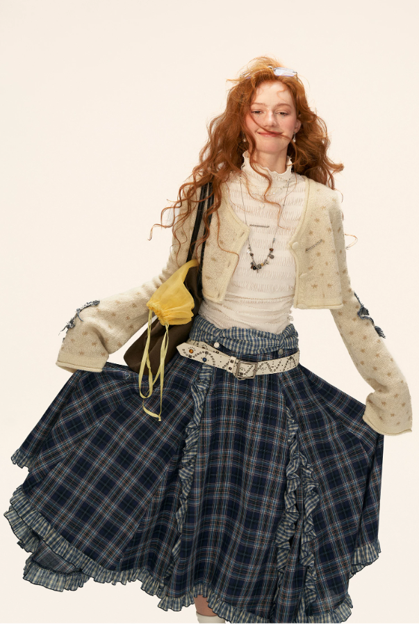 MAMC - Asymmetrical Plaid Maxi Skirt with Ruffle Hem (Blue)