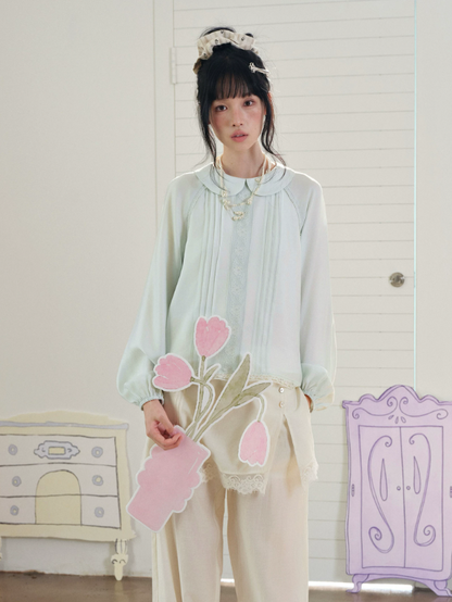 DAILY ARTIST - Mint Green Vintage Lace Doll-Collar Blouse