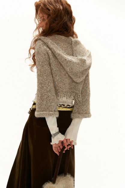 MAMC - Khaki Textured Hooded Knit Sweater with Flare Sleeves