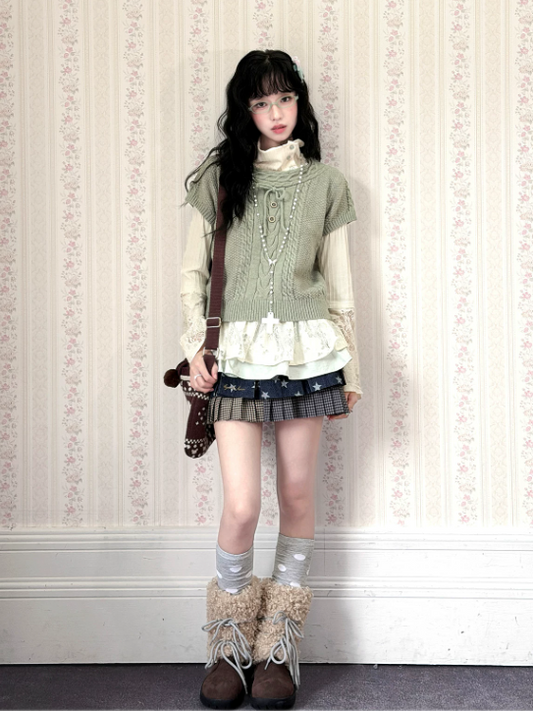 KYOUKO - Leaf Green Knit Top, White Ribbed Tee & Denim Blue Polka-Dot Skirt Set