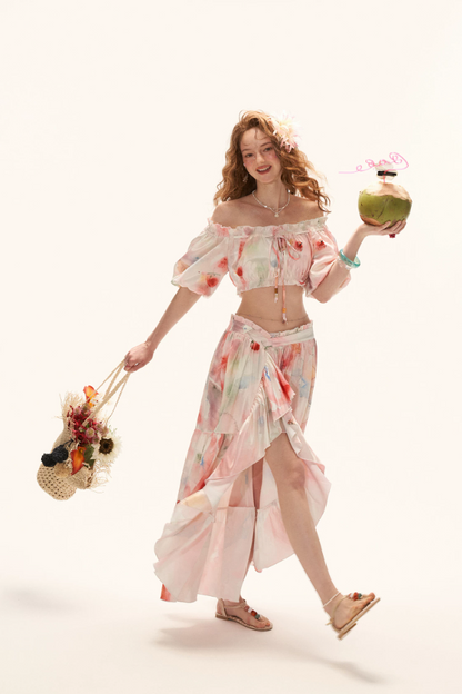MAMC - "Watercolor Fruit Mood" Off-Shoulder Top & Ruffle Skirt Set WE945