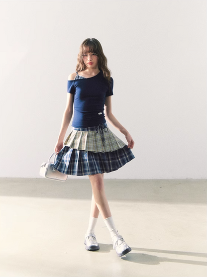 罐头粪便 - Preppy Gingham Patchwork One-Shoulder Tee – Slim Fit Summer Style