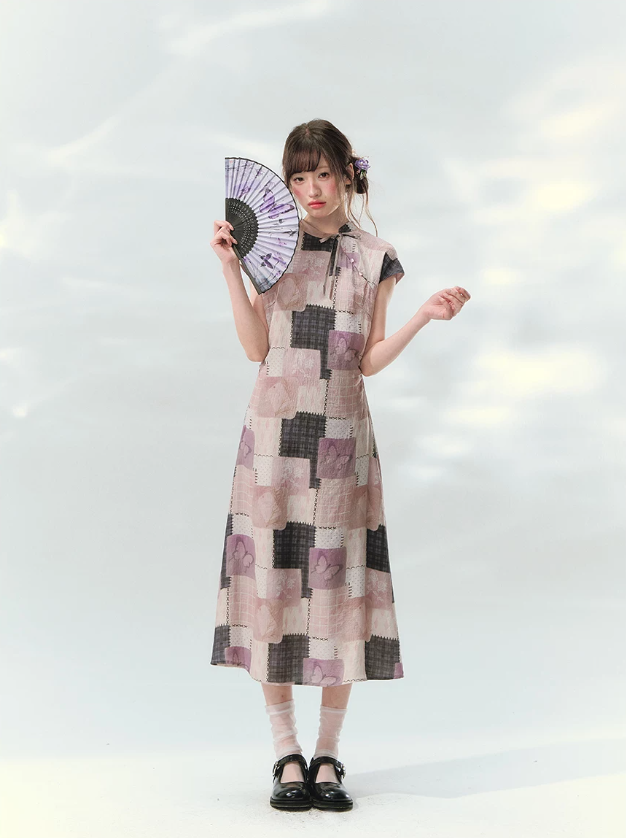 “Wisteria Poetry” Purple Patchwork Print Cheongsam Dress