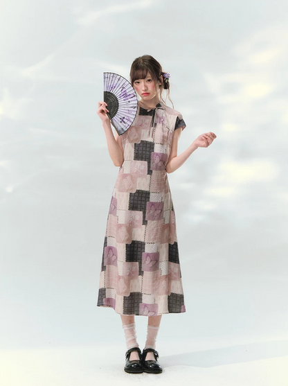 “Wisteria Poetry” Purple Patchwork Print Cheongsam Dress