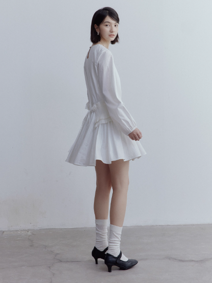 FUSSED Fragmented Dream Mist White Pleated Cotton Doll Dress FOF-25SS159a
