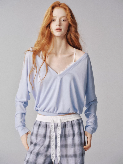 "水波温柔" V-Neck Batwing Sleeve Knit Cardigan Set (Blue)