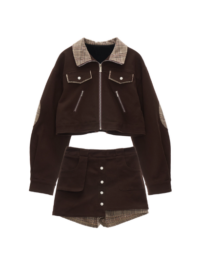 MAMC - Coffee Brown Plaid Patchwork Cropped Jacket & Skirt Set