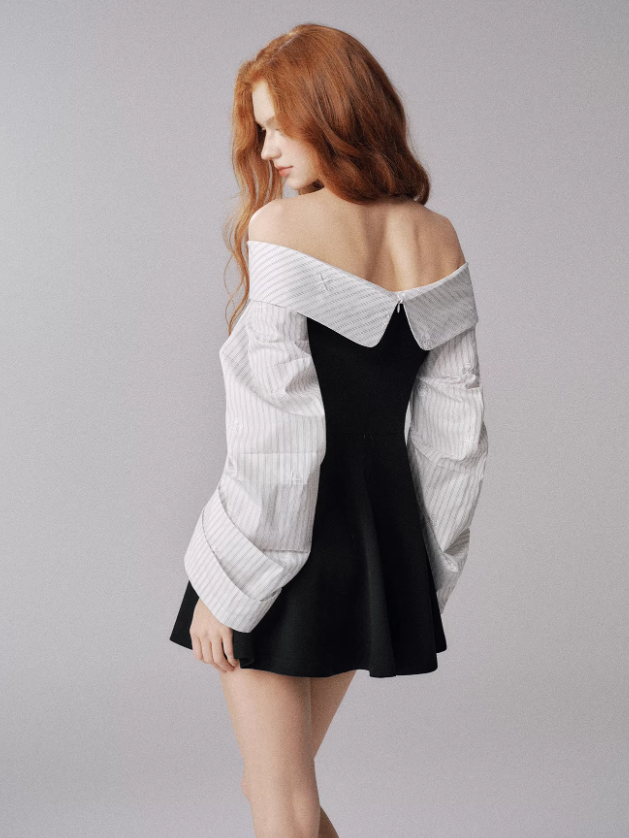 Off-Shoulder Knit Dress with Lantern Sleeves (Black & White)