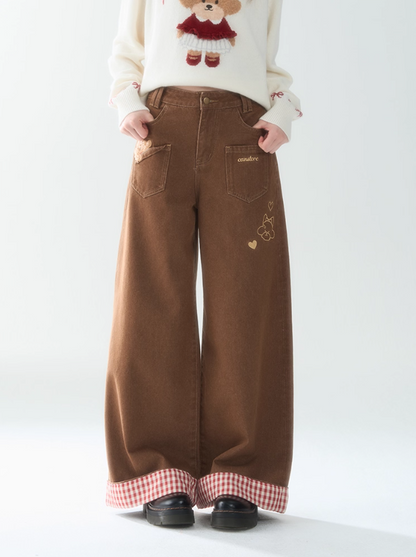 罐头士多所 - "Caramel Teddy" Embroidered Patchwork Pants