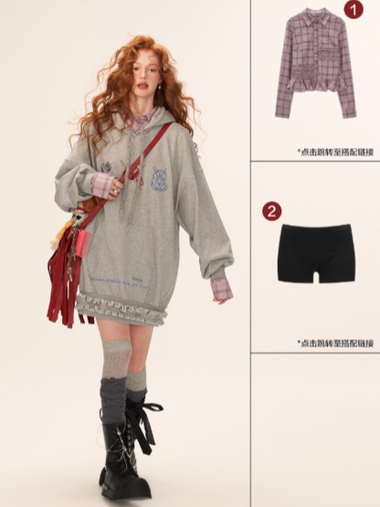 MAMC - Plaid Patch Embroidered Hoodie Dress WE808 - GRAY