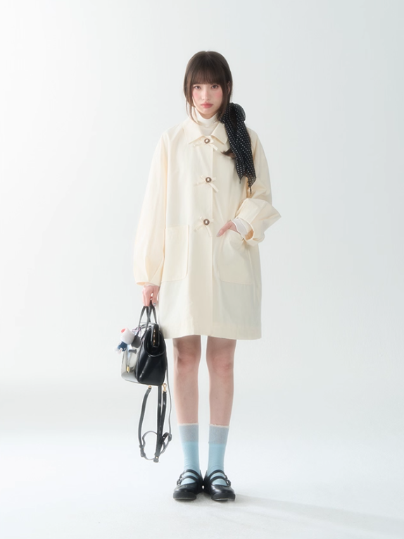 罐头士多所 - Minimal Beige Bow Detail Trench Coat – Puff Sleeve Fall Outerwear