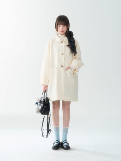 罐头士多所 - Minimal Beige Bow Detail Trench Coat – Puff Sleeve Fall Outerwear