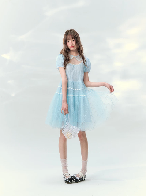 “Ice Blue Polka Dream” Blue Polka Dot Tiered Mini Dress