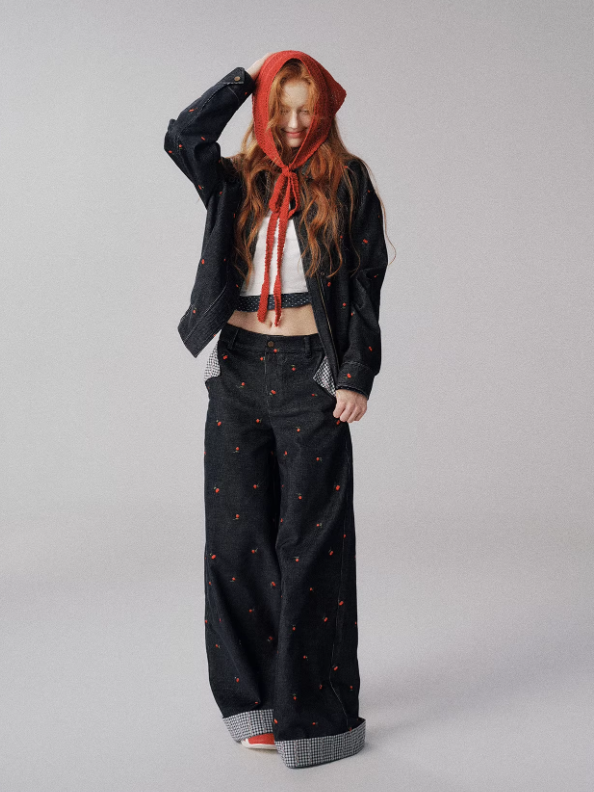 "浆果花园" Cherry Checkered Retro Jacket & Wide-Leg Pants Set