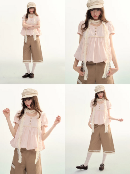 Soft Pink Lace Bubble Hem Blouse WW2026084