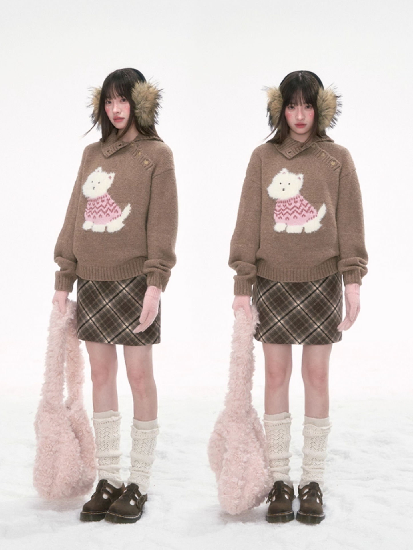 '可可慕斯' Brown Knit Sweater with Westie Dog Embroidery