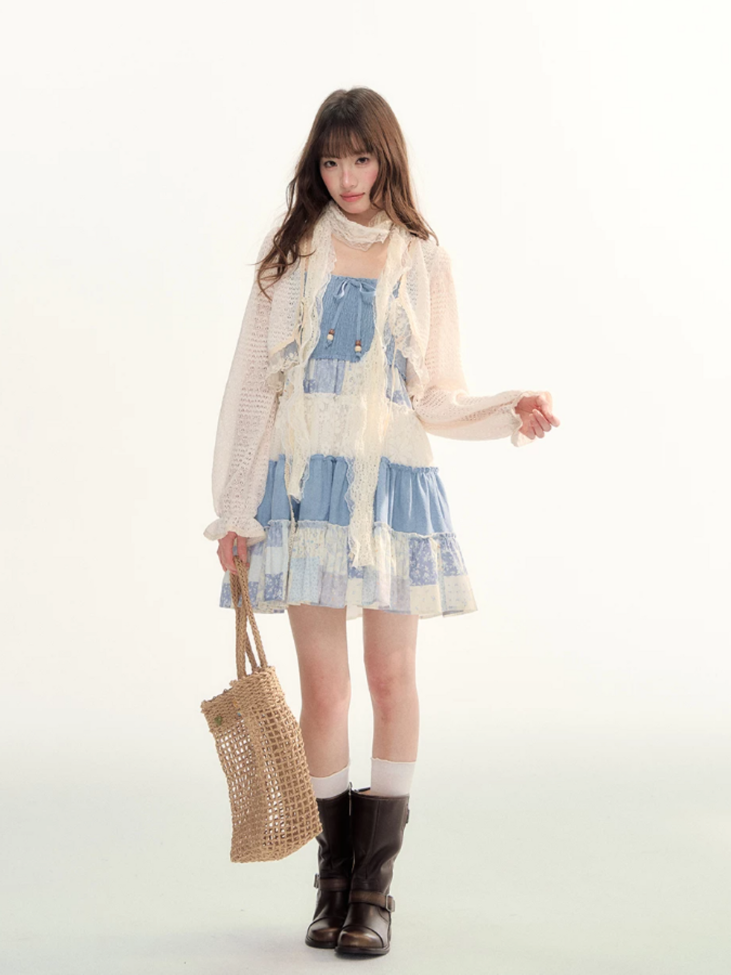 Blue Patchwork Tiered Smocked Dress LL2026106