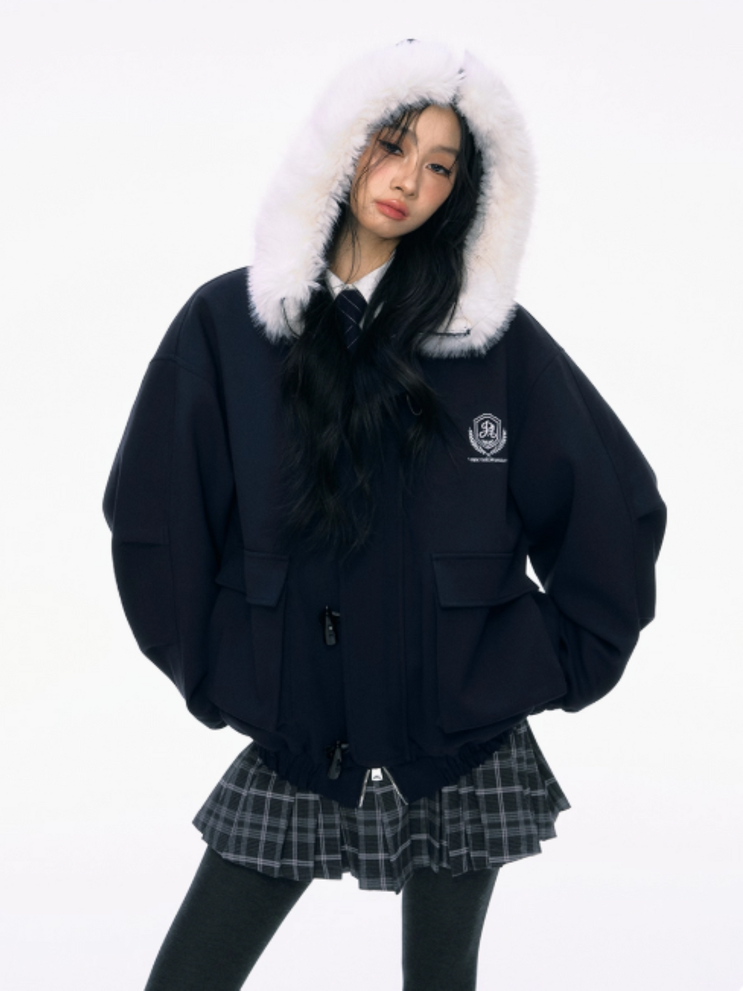 PCH - Navy Blue Padded Jacket with Faux Fur Collar