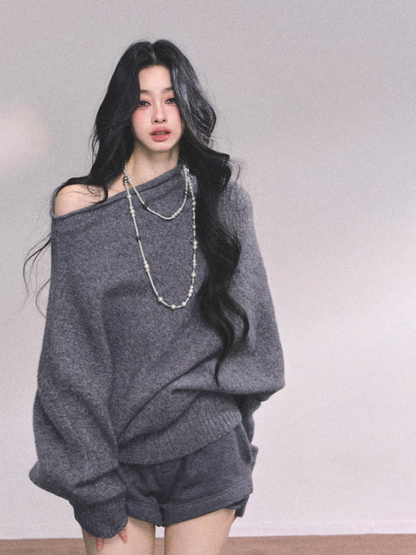 少也眼 Korean Off-Shoulder Slouchy Knit Sweater